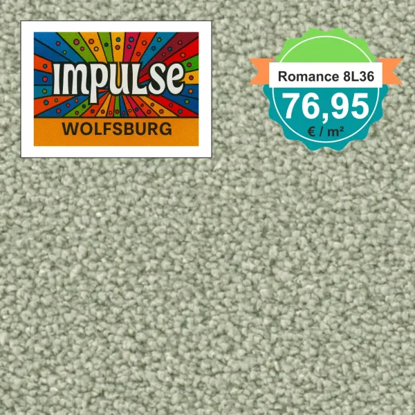 Teppichmuster mit Label „Impulse WOLFSBURG“ und Badge „Romance 8L36 – 76,95 €/m²“